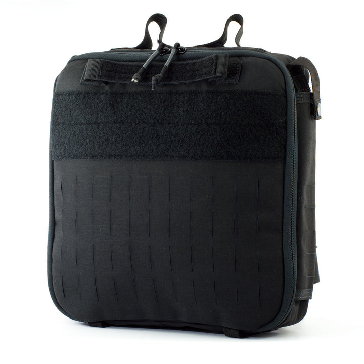 Front view of the Eleven 10 TEMS Entry Aid Bag in black with MOLLE webbing and dual top loops.