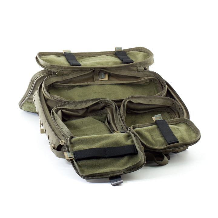 Side view of the open aid bag displaying organized medical pouches and compartments.