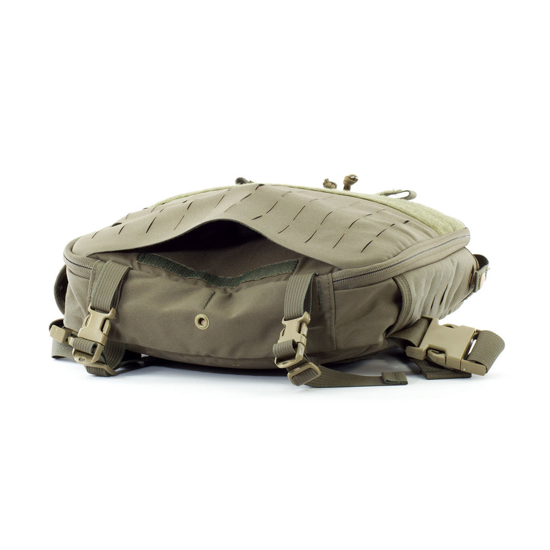 Rear view of the bag with padded straps and MOLLE attachment points.