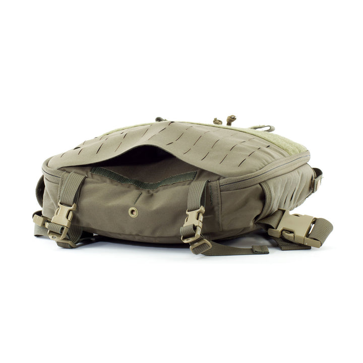Rear view of the bag with padded straps and MOLLE attachment points.