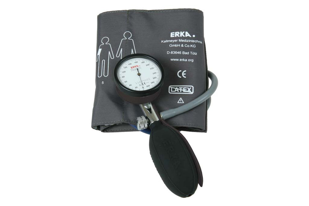 ERKA Kobold sphygmomanometer with attached black cuff and inflation system ready for use.