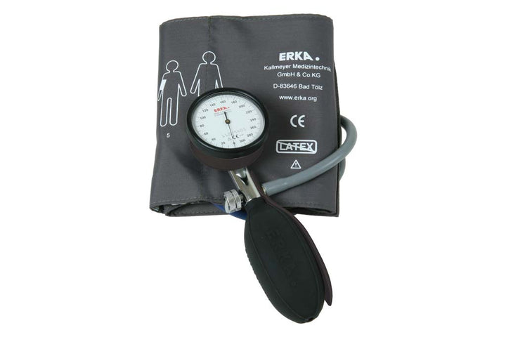 ERKA Kobold sphygmomanometer with attached black cuff and inflation system ready for use.