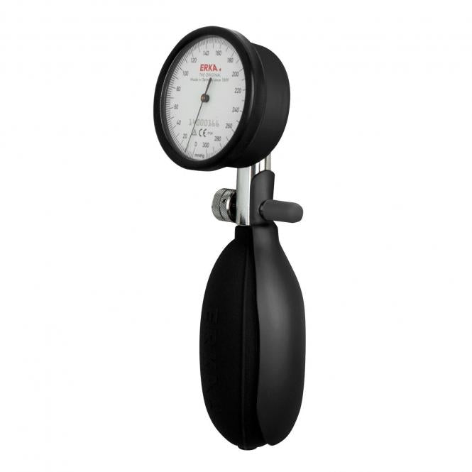 ERKA Kobold aneroid sphygmomanometer with black inflation bulb and analog pressure gauge.