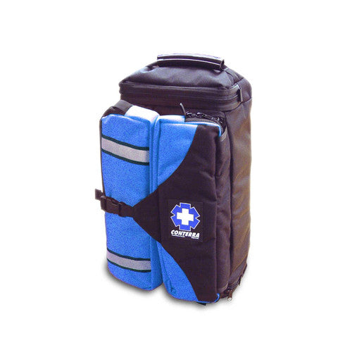 Flightline Aero Medical Pack with blue side roll secured on the exterior and Conterra logo on front.