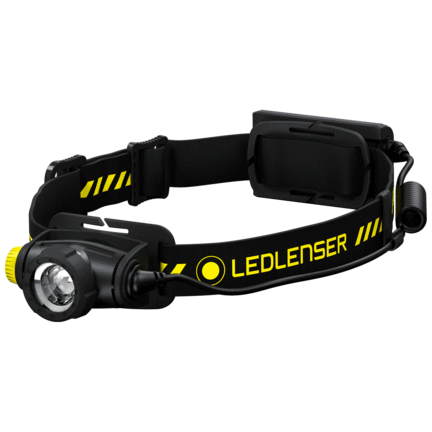Ledlenser H5R Work Headlamp with black and yellow headband, adjustable lamp, and rear battery pack.