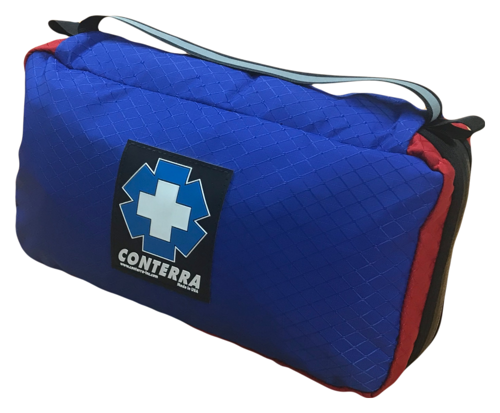 Compact blue trauma kit pouch with red trim and a blue and white Centenary Health Services logo.
