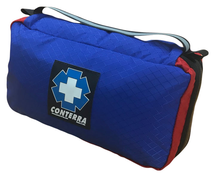 Compact blue trauma kit pouch with red trim and a blue and white Centenary Health Services logo.