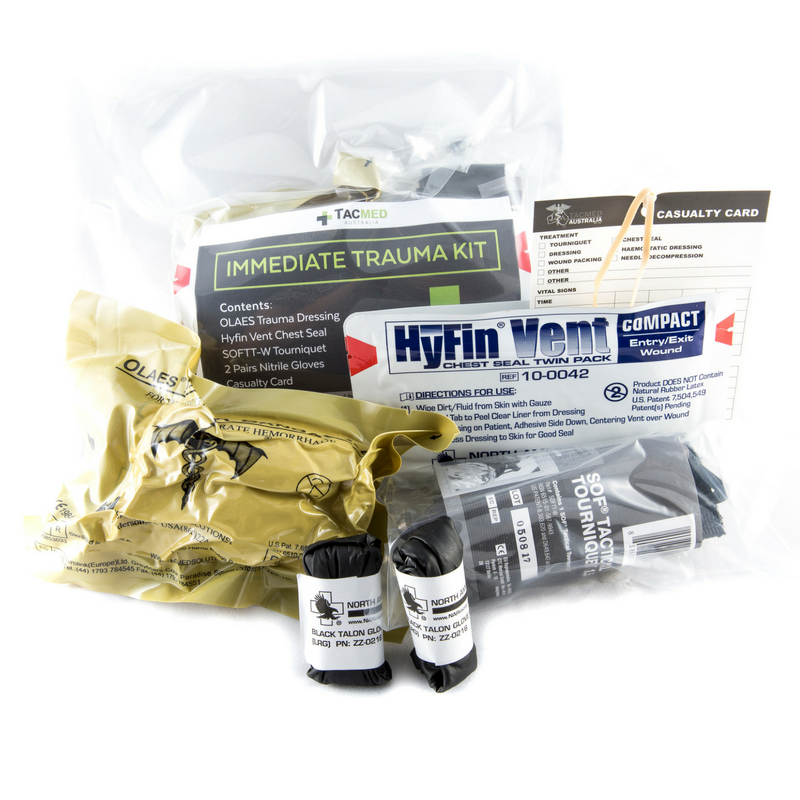 TacMed Immediate Trauma Kit in vacuum-sealed packaging containing Olaes dressing, HyFin Vent, gloves, shears, casualty card, and emergency medical supplies. Designed for critical bleeding and airway management. TacMed Australia – compact trauma kit for first responders and tactical use.