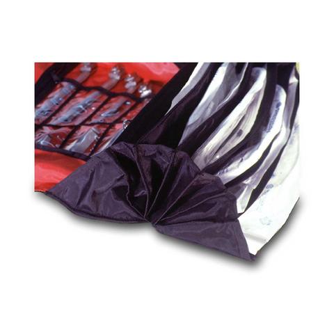 Close-up view of the pouch's interior showing clear vinyl compartments and elastic loops.