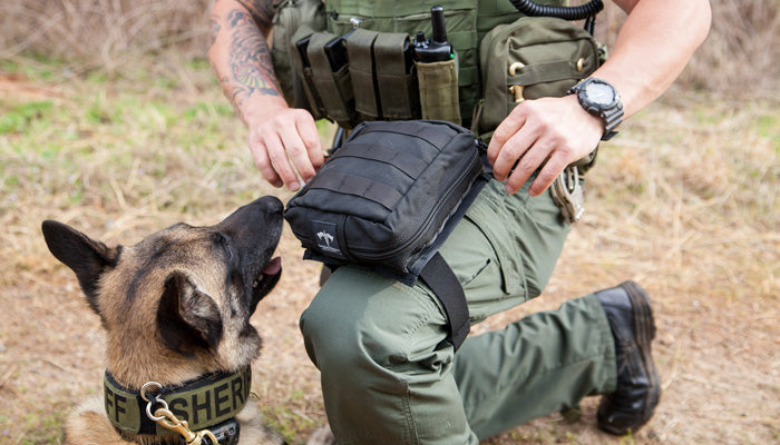 Handler kneeling beside a dog with the trauma kit pouch in use outdoors.
