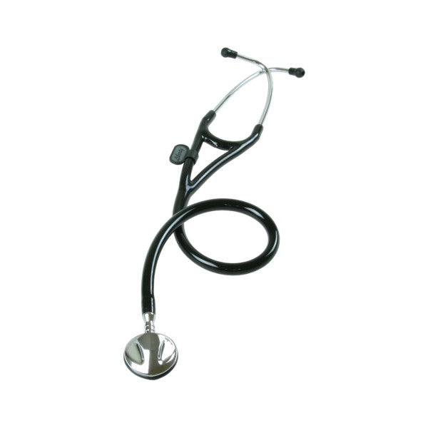 Full view of the Liberty Cardiology Ultrasharp Stethoscope with dual head chest piece and black tubing.