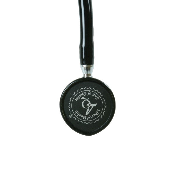 View of the stethoscope’s rear chest piece, displaying the engraved Liberty branding.
