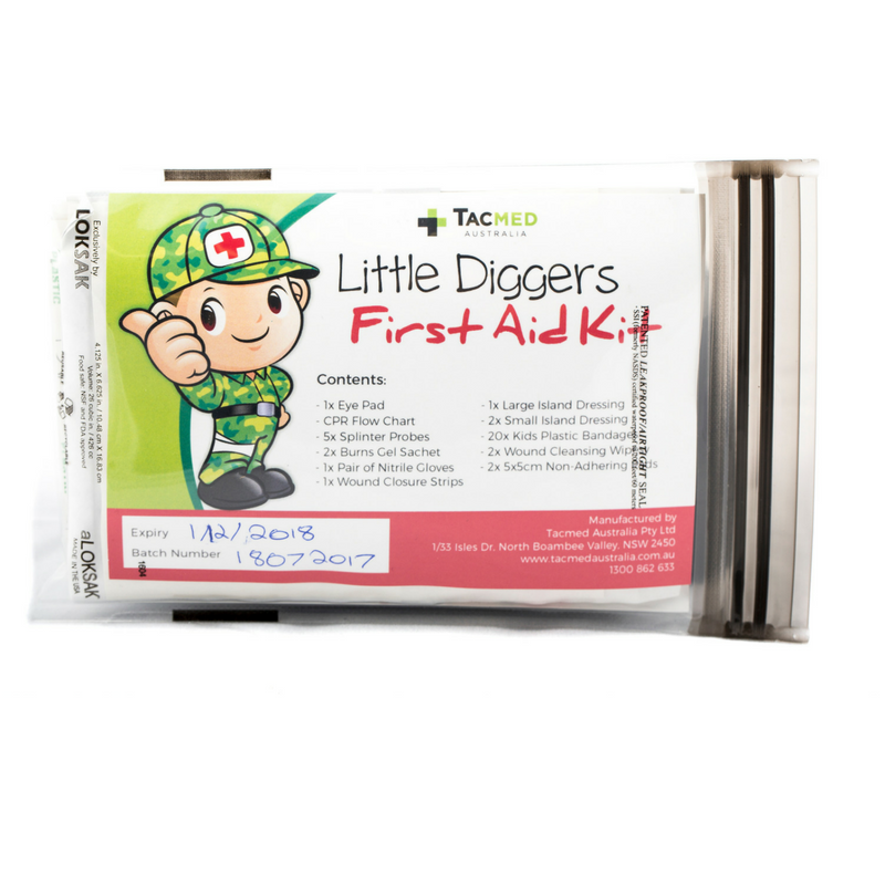 Little Diggers First Aid Kit in resealable plastic pouch with cartoon soldier mascot and labeled contents.