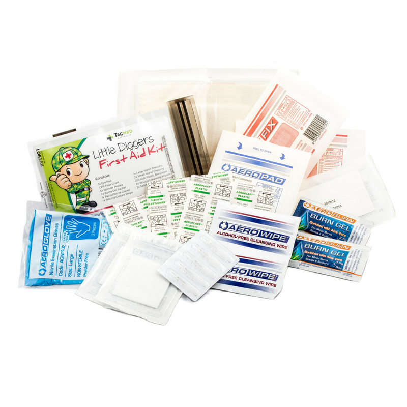Little Diggers First Aid Kit contents displayed, including dressings, wipes, tape, and first aid guide.