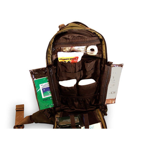 Interior view displaying organised medical compartments with labelled sections for gear.