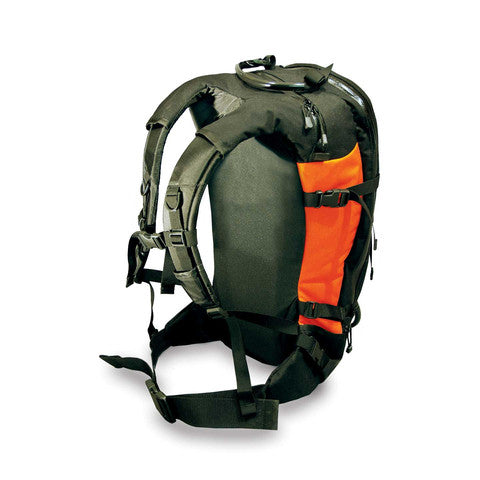 Rear view showing padded shoulder straps and external side pockets of the emergency backpack.