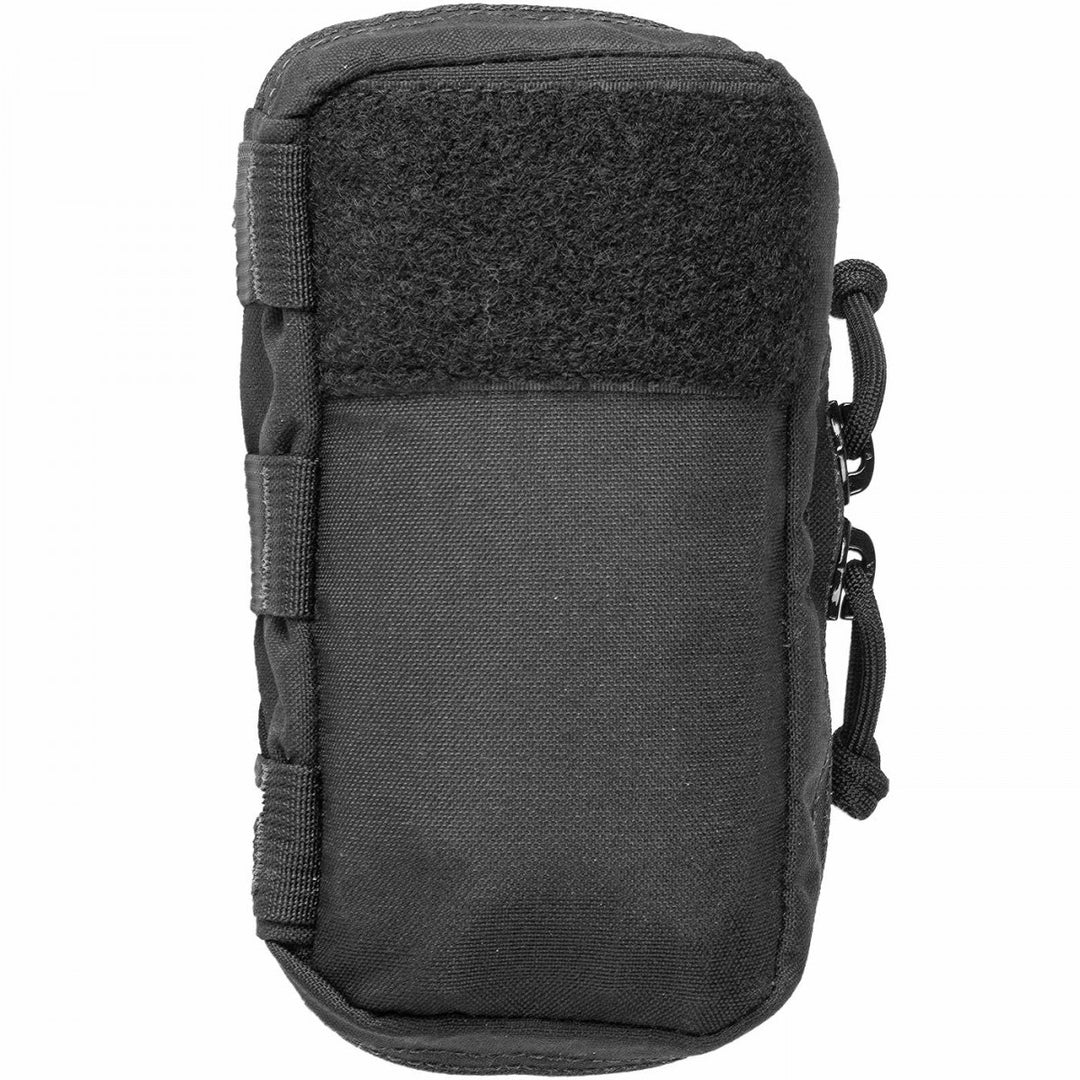 Compact black tactical first aid pouch with MOLLE webbing and hook-and-loop patch panel on front.