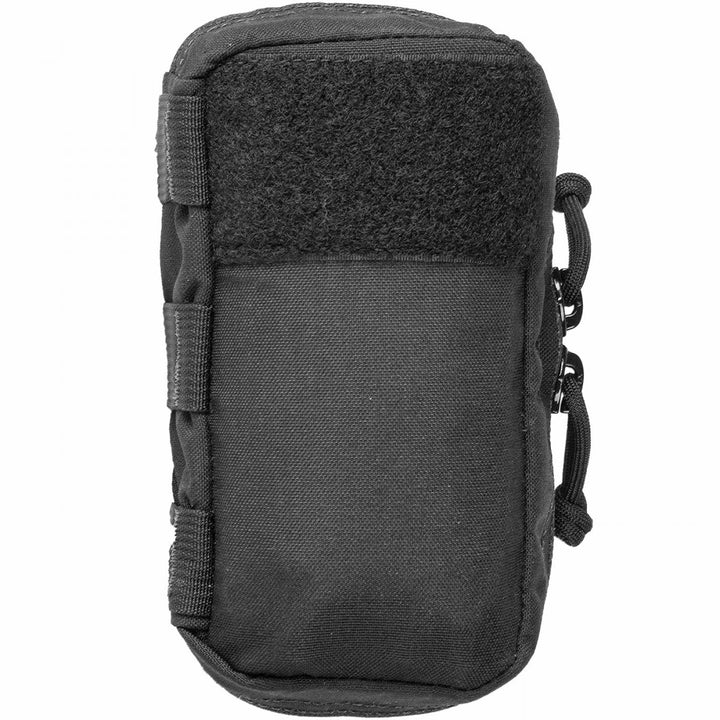 Compact black tactical first aid pouch with MOLLE webbing and hook-and-loop patch panel on front.