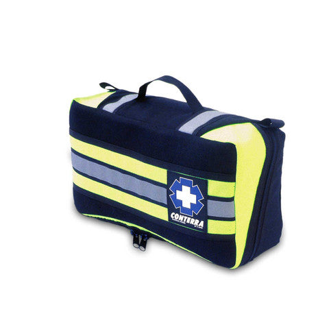 Closed Med-Pro Medication Kit with a black and high-visibility yellow design, blue Conterra logo on the side.