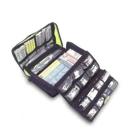 Open Conterra Med-Pro Medication Kit showing multiple labelled compartments filled with medical supplies.
