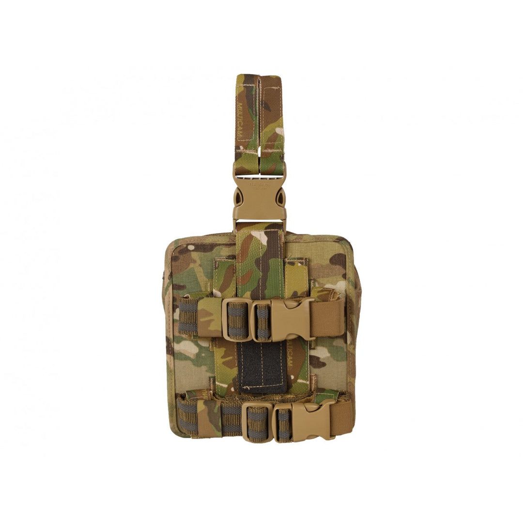 The Medic Leg Rig Gear Bag in multicam colour, designed for quick access to medical gear with elastic storage loops for organization. Made from durable 500D CORDURA® Solution-Dyed Nylon with Near Infrared Signature Reduction for stealth. Features sand and water-resistant zippers with silent pulls and a PALS/MOLLE-style attachment system. Ideal for tactical and emergency professionals. Bag only, contents not included.