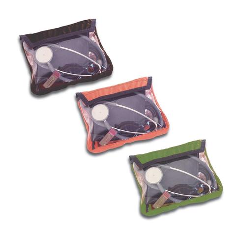 Three clear medium organiser pouches with coloured trim (black, orange, green), each containing medical tools including a stethoscope and penlight.