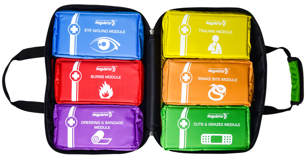 Interior view of the Modulator First Aid Kit showing modular color-coded treatment packs for workplace injuries.