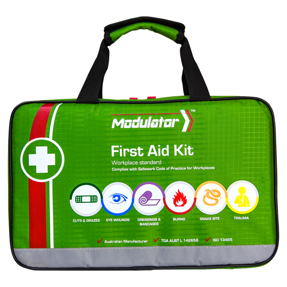 Tacmed Modulator 4 Series Workplace First Aid Kit in green soft case with carry handles and color-coded injury icons.