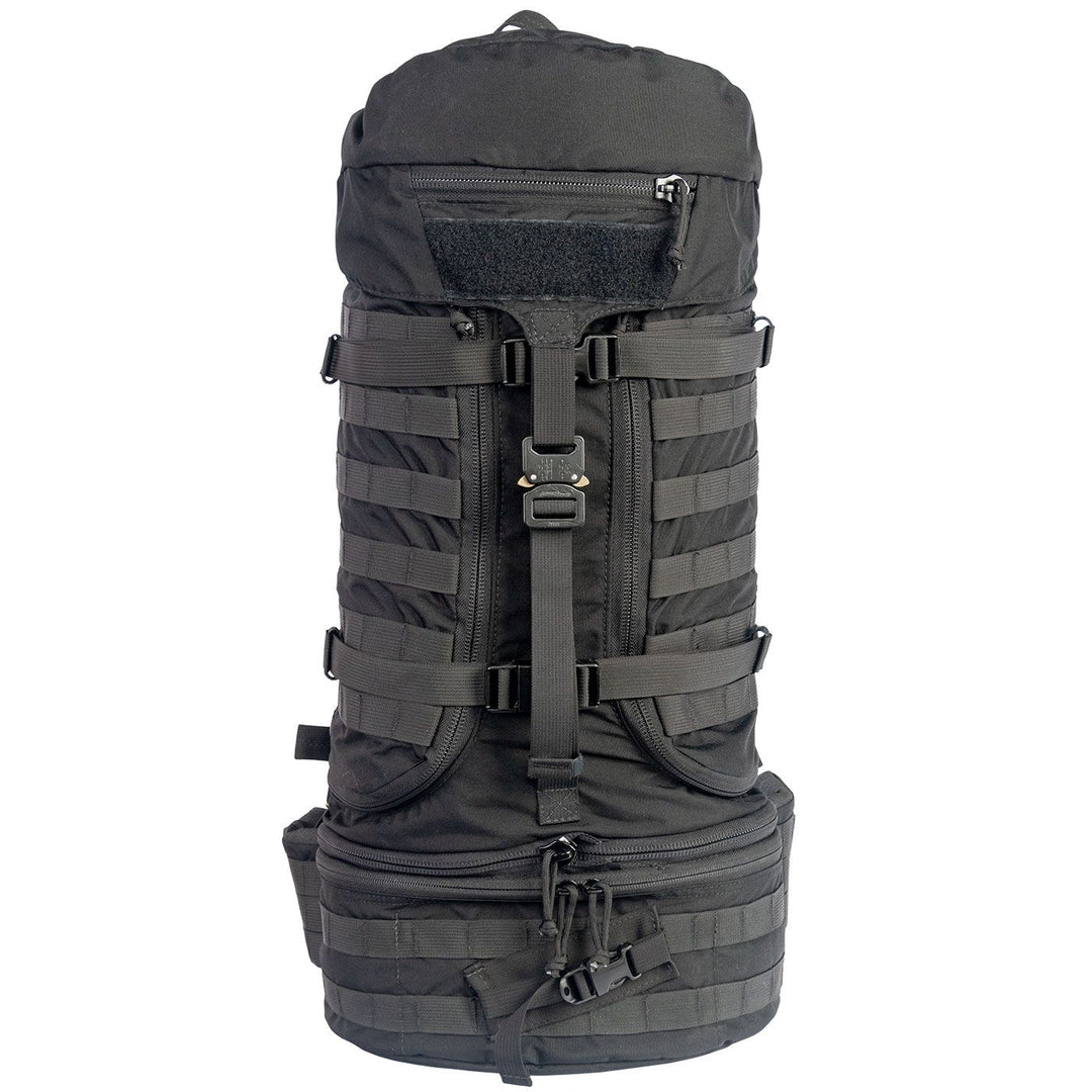 NAR Multi Mission Trauma Pack in black, a rugged backpack with 3200 cubic inch capacity for tactical medics. Features six detachable compartments, internal MOLLE with hook-and-loop, a multi-mission belt, and rappelling loops. Converts into a trauma sheet for vehicle or aircraft use. Includes North American Rescue branding. Bag only, gear sold separately