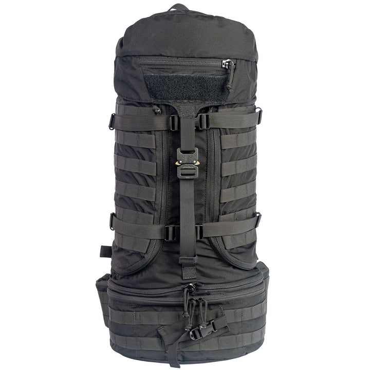 NAR Multi Mission Trauma Pack in black, a rugged backpack with 3200 cubic inch capacity for tactical medics. Features six detachable compartments, internal MOLLE with hook-and-loop, a multi-mission belt, and rappelling loops. Converts into a trauma sheet for vehicle or aircraft use. Includes North American Rescue branding. Bag only, gear sold separately