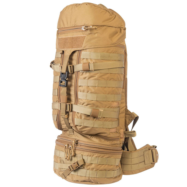 NAR Multi Mission Trauma Pack in tan, a rugged backpack with 3200 cubic inch capacity for tactical medics. Features six detachable compartments, internal MOLLE with hook-and-loop, a multi-mission belt, and rappelling loops. Converts into a trauma sheet for vehicle or aircraft use. Includes North American Rescue branding. Bag only, gear sold separately