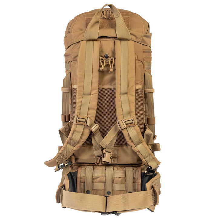 NAR Multi Mission Trauma Pack in tan, a rugged backpack with 3200 cubic inch capacity for tactical medics. Features six detachable compartments, internal MOLLE with hook-and-loop, a multi-mission belt, and rappelling loops. Converts into a trauma sheet for vehicle or aircraft use. Includes North American Rescue branding. Bag only, gear sold separately