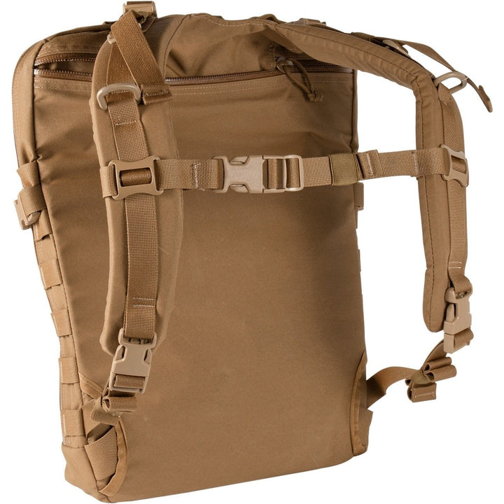 Back view of NAR-4 Aid Bag in tan, a low-profile load-carriage platform bag for medical gear. Features 500D CORDURA® Solution-Dyed Nylon with Near Infrared Signature Reduction, sand and water-resistant zippers with silent pulls, and a PALS/MOLLE-style attachment system. Includes rapid attachment straps for body armor or stowaway shoulder straps for carrying. Bag only, contents not included.