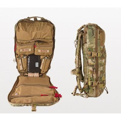Open side view of the NAR-4 Aid Bag in multicam, a low-profile load-carriage platform bag for medical gear. Features 500D CORDURA® Solution-Dyed Nylon with Near Infrared Signature Reduction, sand and water-resistant zippers with silent pulls, and a PALS/MOLLE-style attachment system. Includes rapid attachment straps for body armour or stowaway shoulder straps for carrying. Bag only, contents not included.