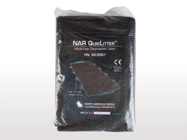 Vacuum-packed Quik Litter in black pouch ready for deployment. Compact and easy to store in trauma kits. TacMed Australia – space-saving stretcher for EMS, military, and rescue.