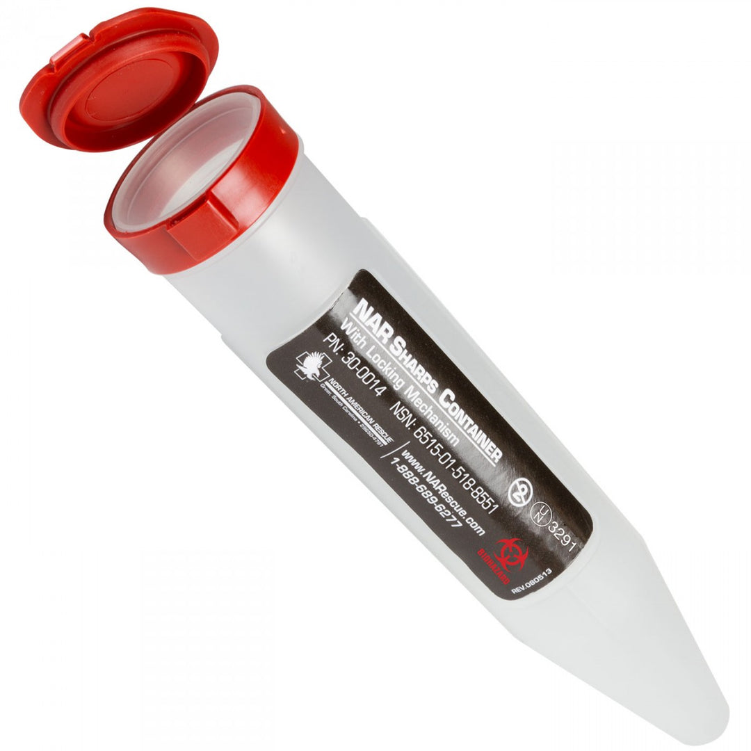 Compact TacMed sharps container with red flip-top safety lid, labeled for biohazard disposal. Ideal for safe needle and lancet waste in field or clinical settings.