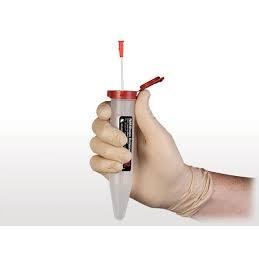 Gloved hand holding TacMed sharps container, showing size and grip for secure single-handed use. Designed for emergency medics and tactical medical kits.