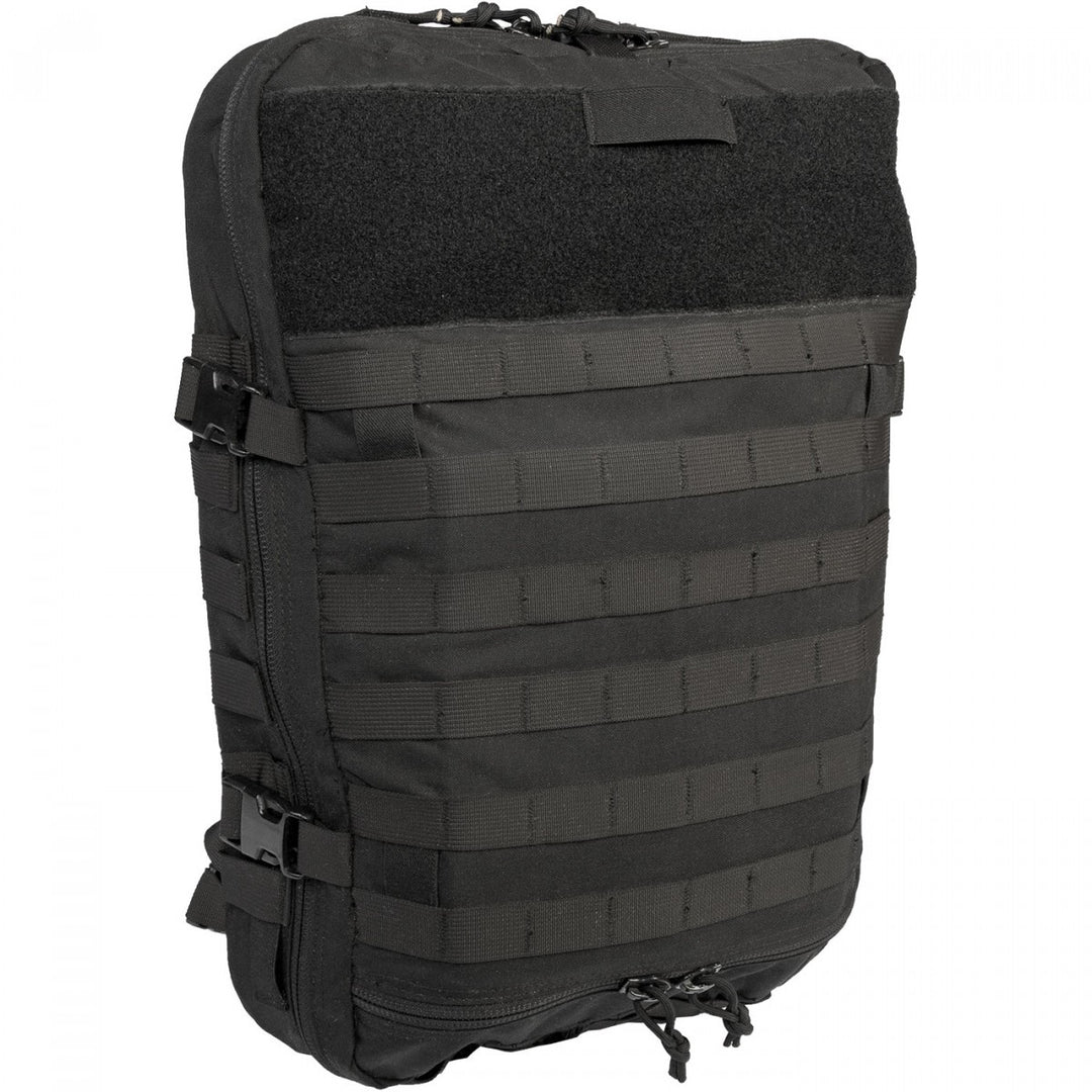 NAR-4 Aid Bag in black, a low-profile load-carriage platform bag for medical gear. Features 500D CORDURA® Solution-Dyed Nylon with Near Infrared Signature Reduction, sand and water-resistant zippers with silent pulls, and a PALS/MOLLE-style attachment system. Includes rapid attachment straps for body armor or stowaway shoulder straps for carrying. Bag only, contents not included.