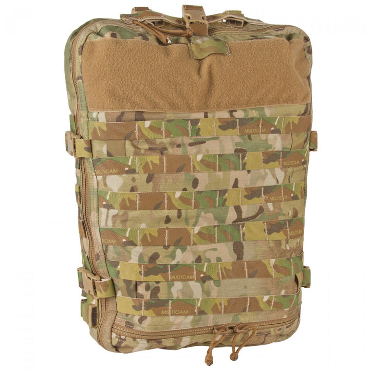 Front view of NAR-4 Aid Bag in multicam, a low-profile load-carriage platform bag for medical gear. Features 500D CORDURA® Solution-Dyed Nylon with Near Infrared Signature Reduction, sand and water-resistant zippers with silent pulls, and a PALS/MOLLE-style attachment system. Includes rapid attachment straps for body armor or stowaway shoulder straps for carrying. Bag only, contents not included.
