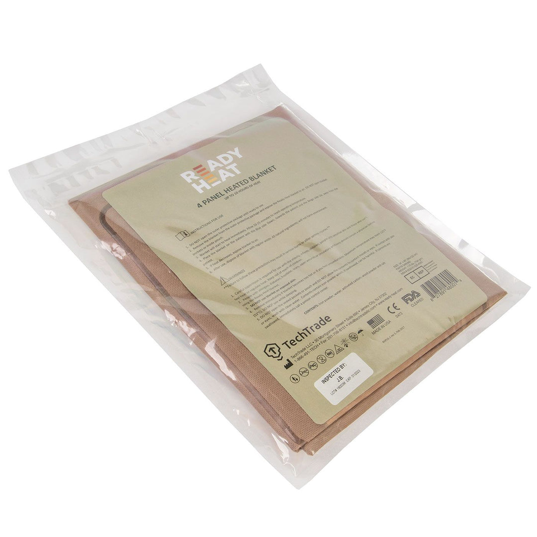 Packaged North American Rescue ReadyHeat 4 Panel Heated Blanket showing the label displayed on a plain white background