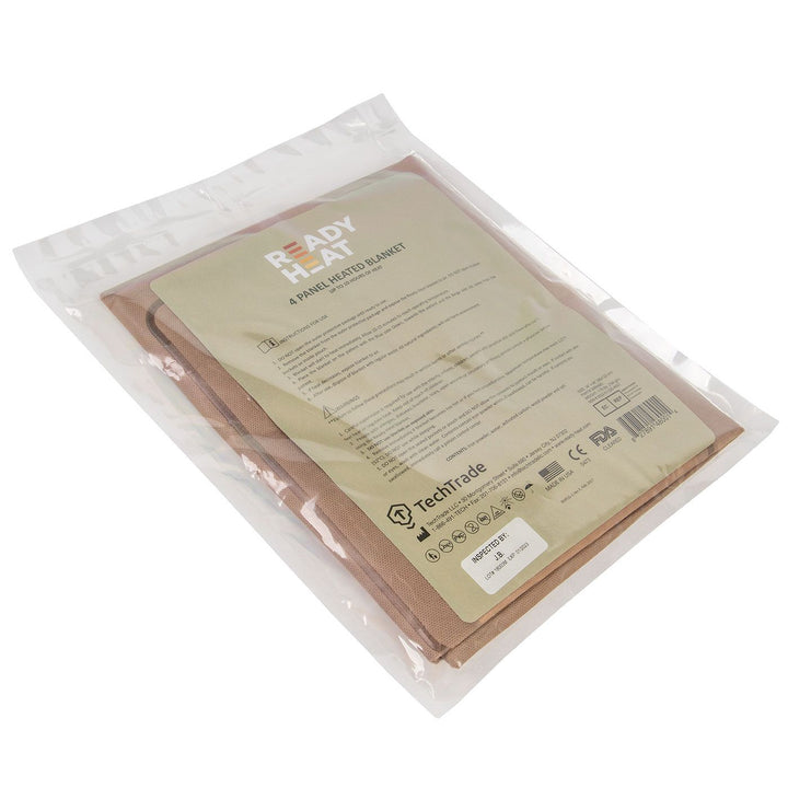 Packaged North American Rescue ReadyHeat 4 Panel Heated Blanket showing the label displayed on a plain white background