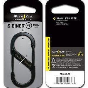 Nite Ize S-Biner size #3 in retail packaging, showing 25 lb load capacity and black stainless steel design.