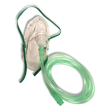 Clear adult oxygen mask with green elastic strap and attached green oxygen tubing.
