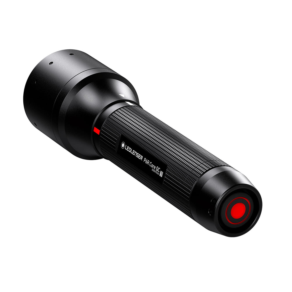 Rear view of the P6R Core QC flashlight showing the red power button and tail cap.
