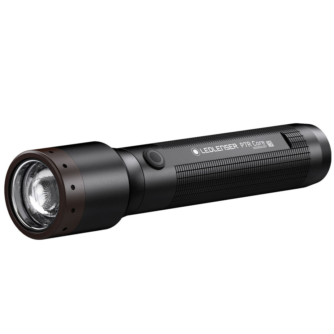 LED Lenser P7R rechargeable flashlight with black anodised body and focusable lens head.