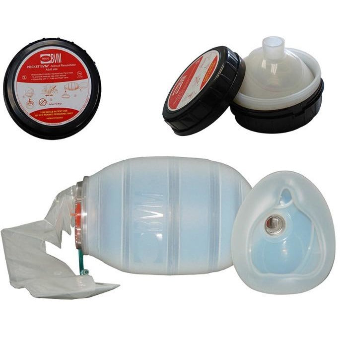 Pocket BVM (Bag Valve Mask) shown with compressed mask, bag, and carry case. Designed for manual resuscitation and emergency ventilation. TacMed Australia – compact BVM for field airway management.