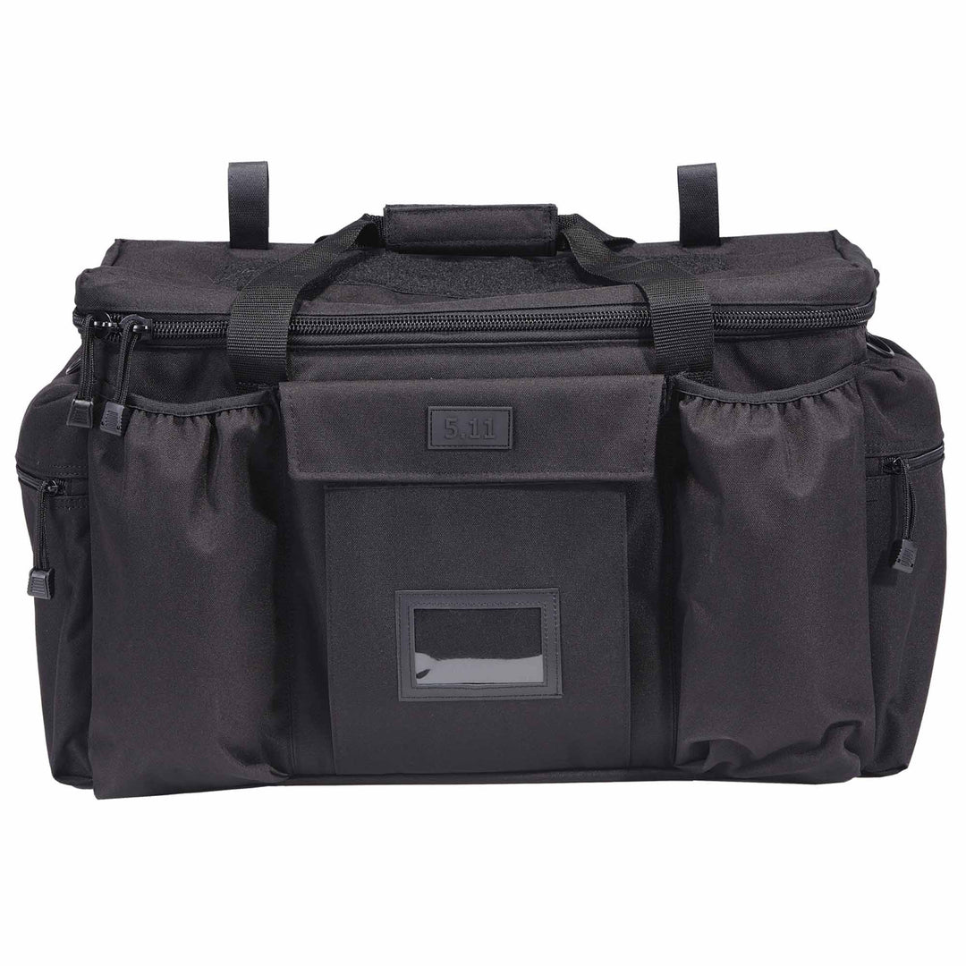 Black patrol ready gear bag with multiple external compartments and front ID window.