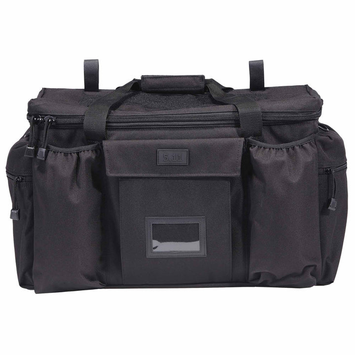 Black patrol ready gear bag with multiple external compartments and front ID window.