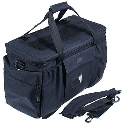 Black patrol gear bag displayed with detachable shoulder strap beside it.