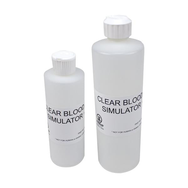 Two bottles labeled 'Clear Blood Simulator' in different sizes, designed for medical training use.